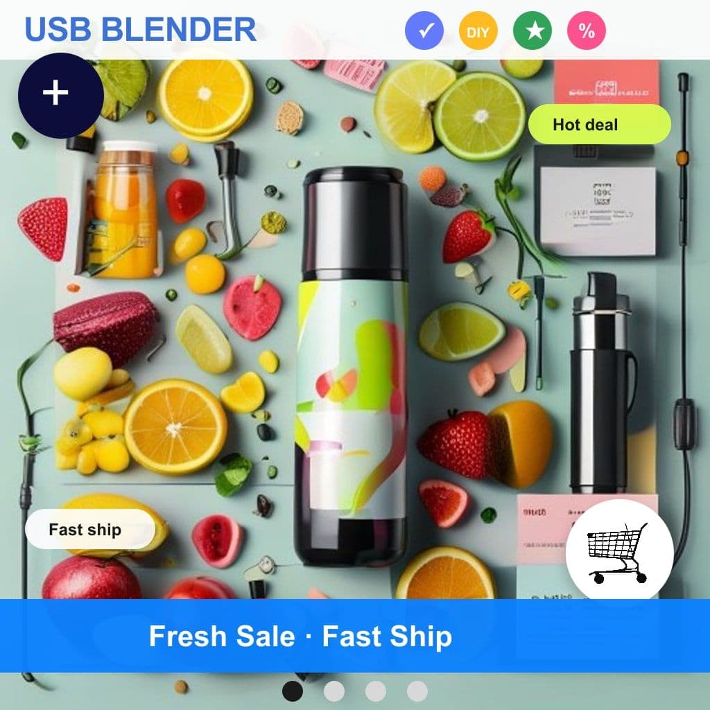 Noisy supplier-style product image of a portable blender with fruit and marketplace labels