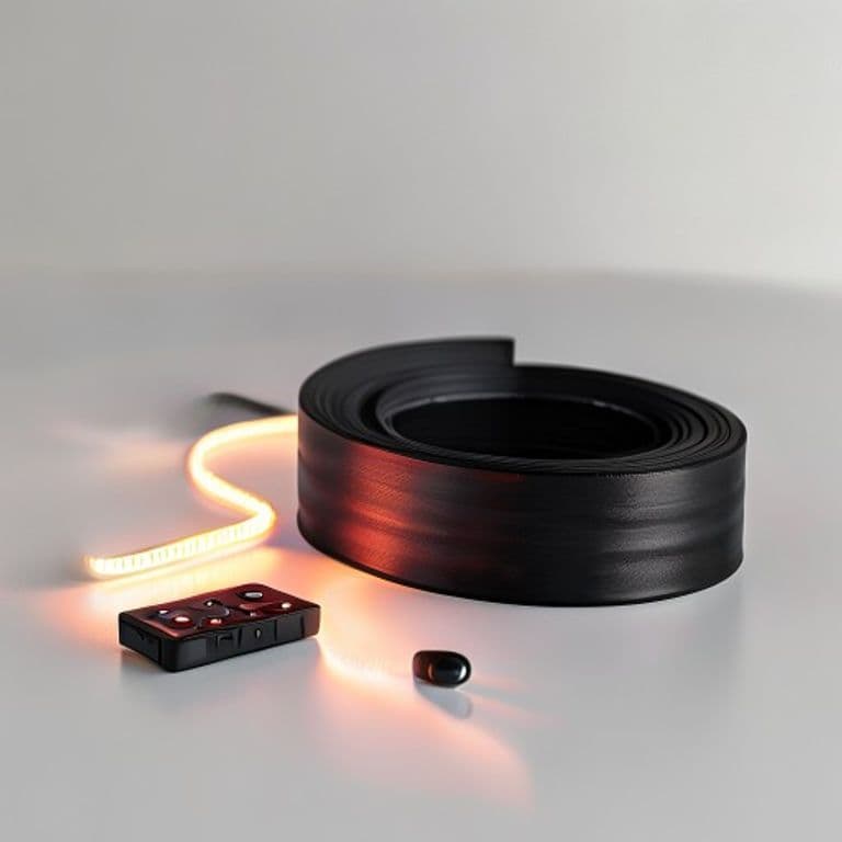 Clean studio product photo of an RGB LED strip and remote on an off-white background